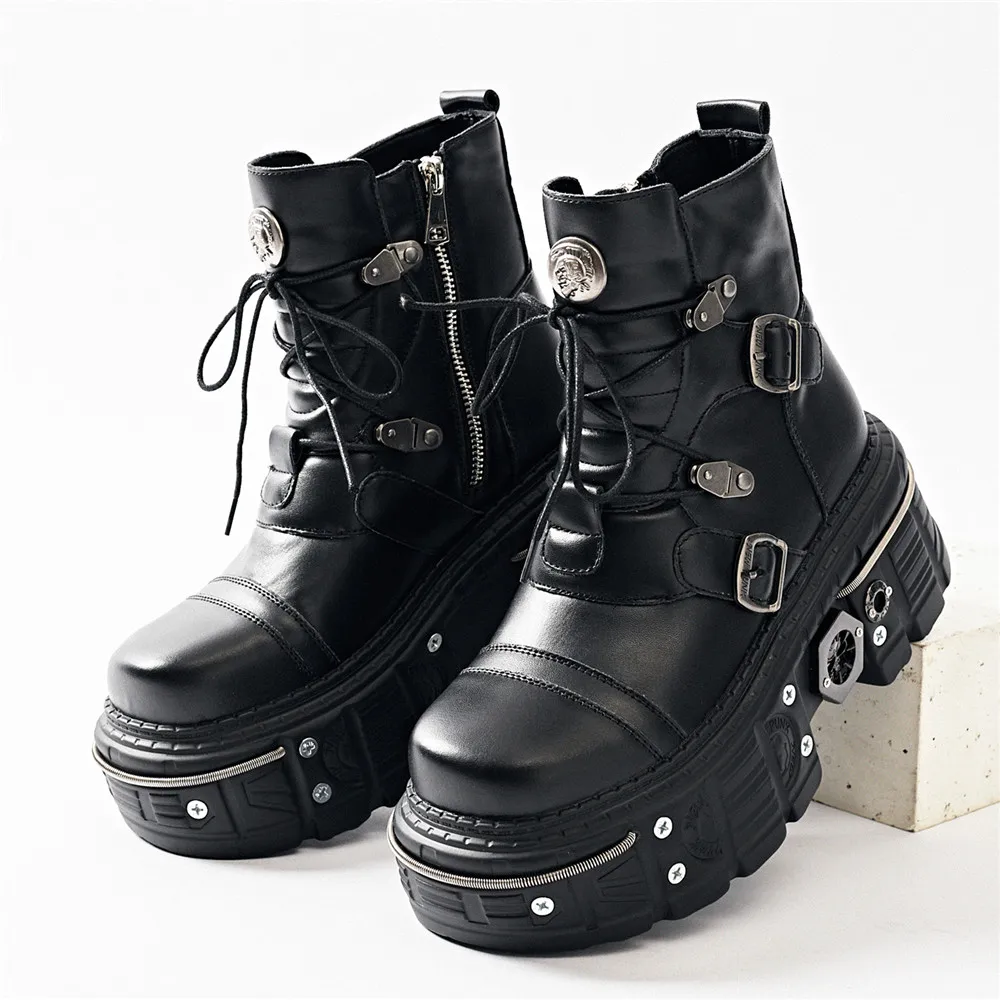 New Fashion Women Punk Round Toe Ankle Boots  Lace-Up Thick Bottom Metal Decoration Shoes Buckle Strap Party Footwear Black