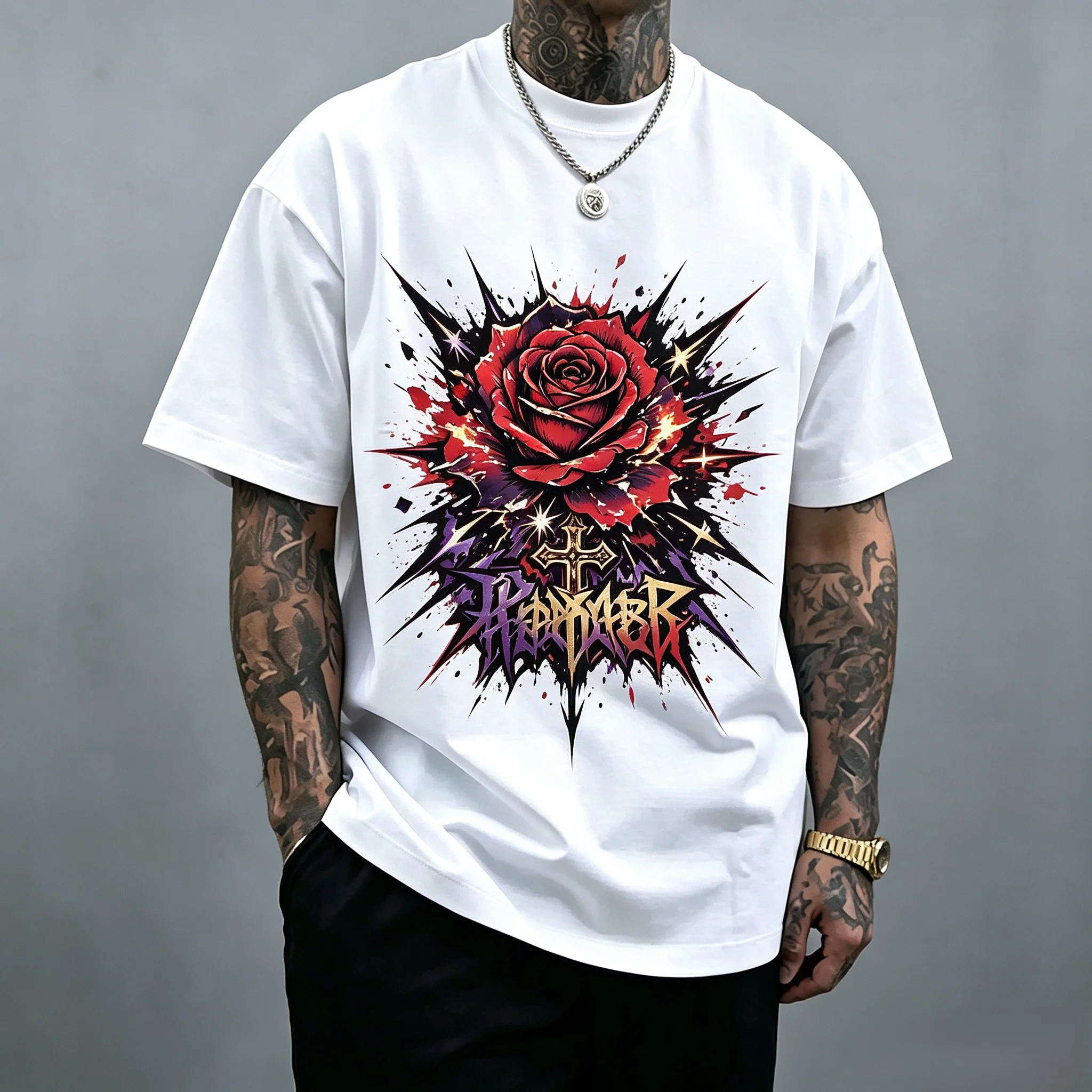 Unisex Gothic Splash Red Rose Cross Letter T-Shirt Dark Tattoo Graphic Tee Punk Metal Style Oversized White Short Sleeve Streetwear For Men Women
