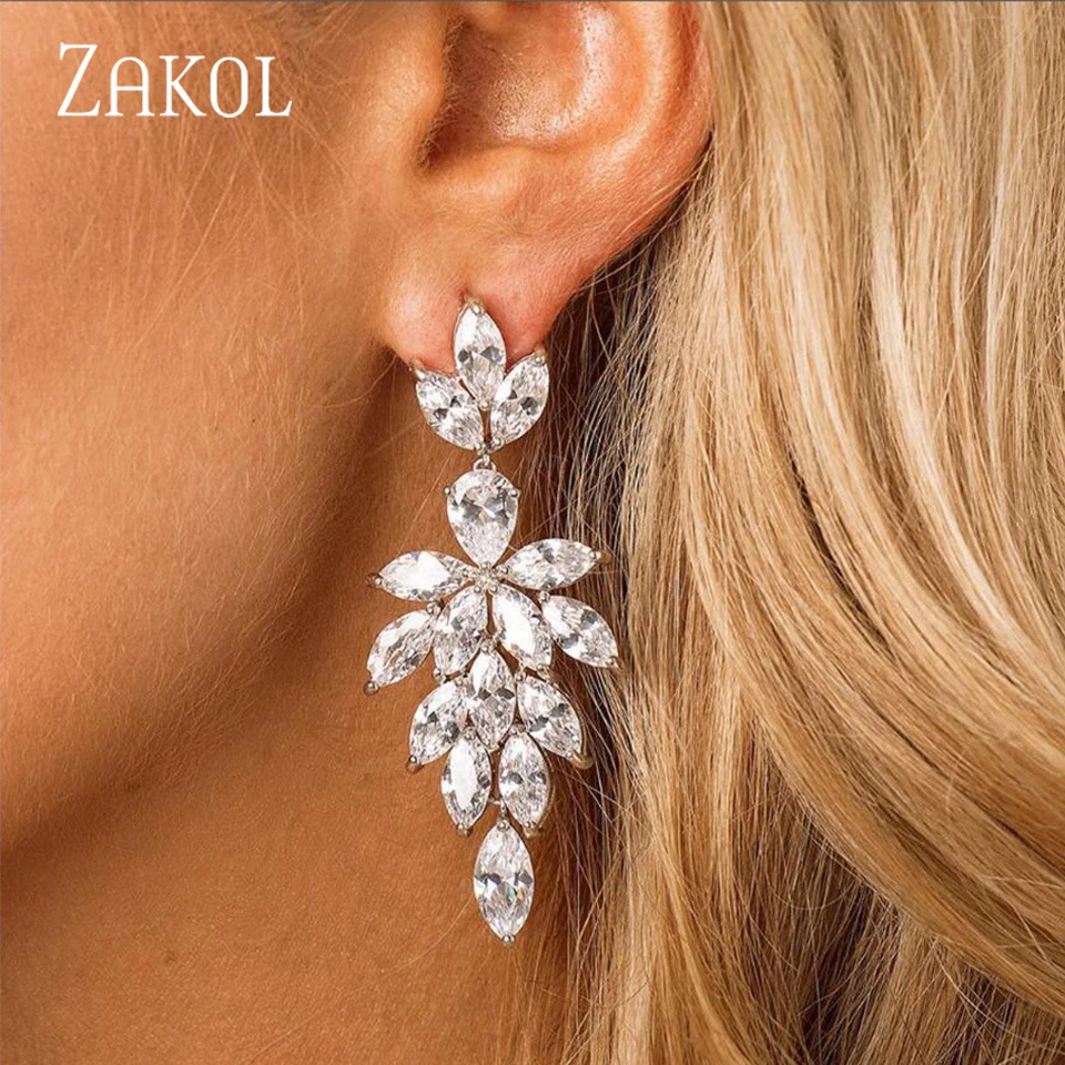 ZAKOL Korea Marquise Zircon Leaf Dangle Earrings for Women Fashion Bridal Wedding Party Jewelry Drop Shipping EP2168