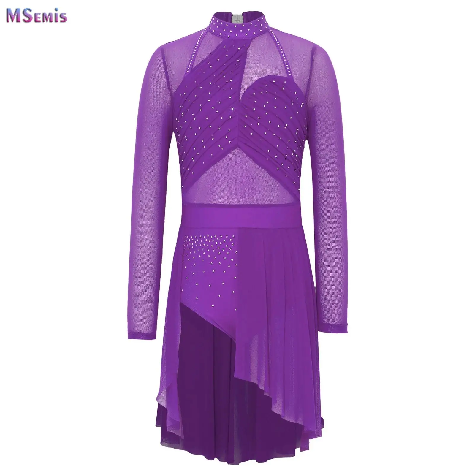 

Kids Girls Figure Skating Dance Leotard Dress Long Sleeves Shiny Rhinestones Ruched Ballet Tutu Dress Lyrical Stage Dancewear