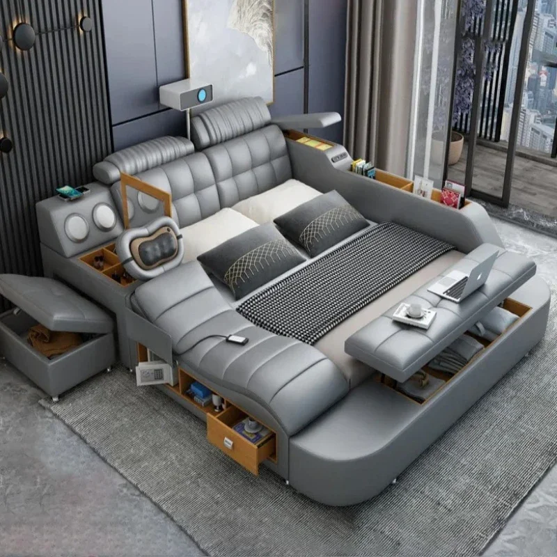 

Storage Headrest Double Bed European Designer Cheap Smart Home Double Bed Floor Massage Letto Multifunzione Bedroom Furniture