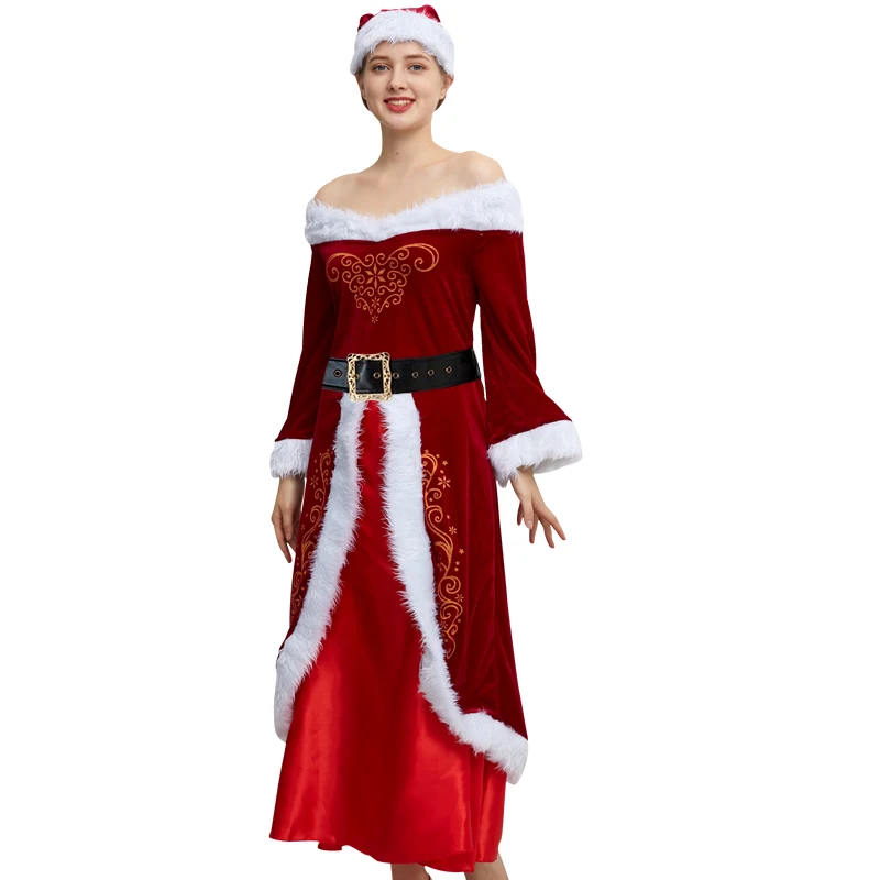 Plush Velvet Dress Costume For Christmas Cute Miss Santa Claus Outfits Cosplay Costume Deluxe Edition Off Shoulders with Belt