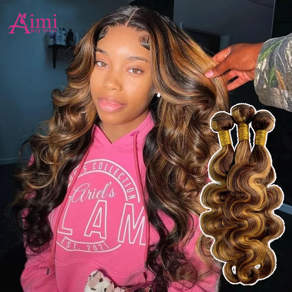 16a mel destaque ombre 4/27 onda do corpo feixes de cabelo humano 30 Polegada brasileiro colorido destaque onda água feixes de cabelo humano