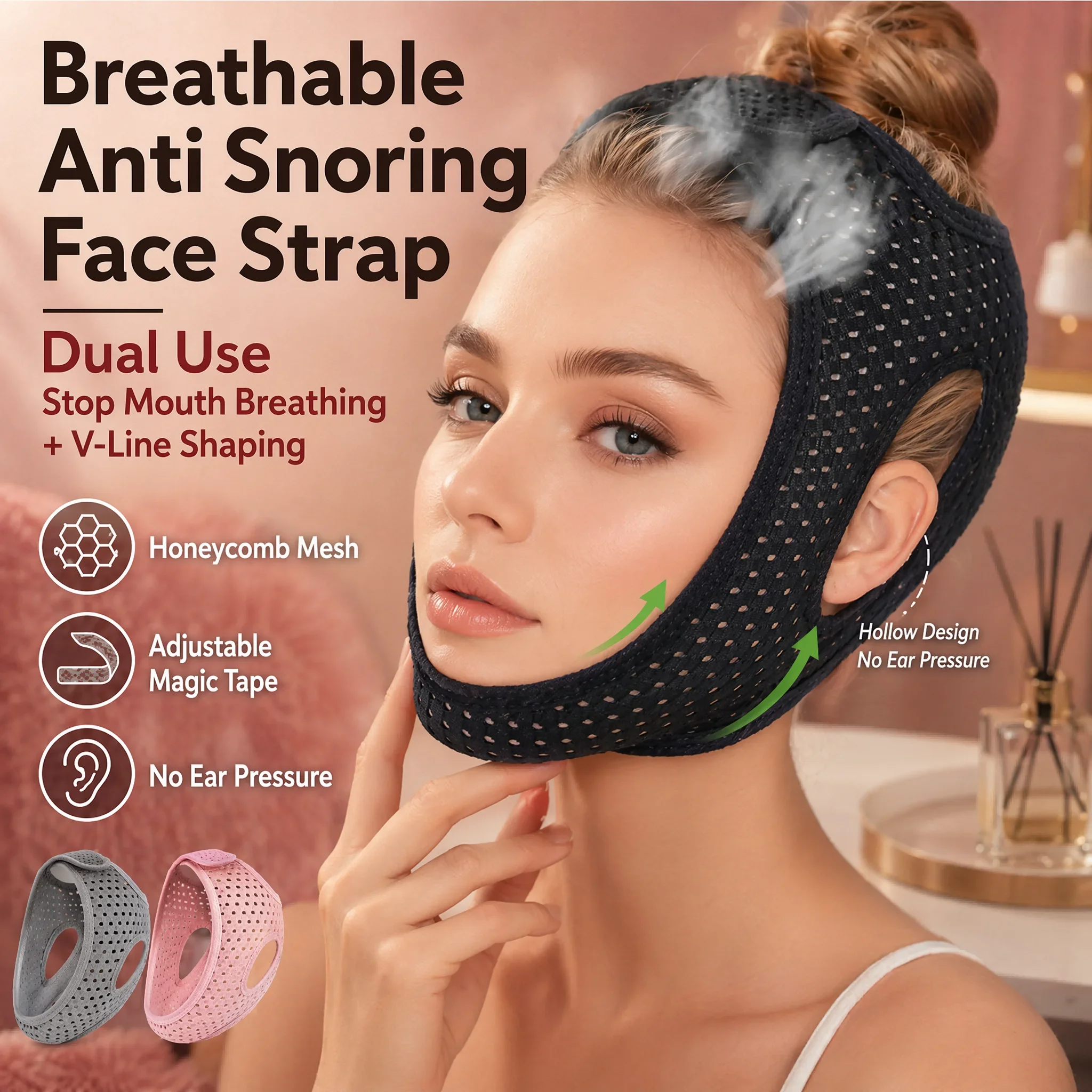 Breathable Honeycomb Mesh Anti Snoring Strap Mouth Breathing Corrector 360° V Line Face Lifting Belt Adjustable Magic Tape Sleep