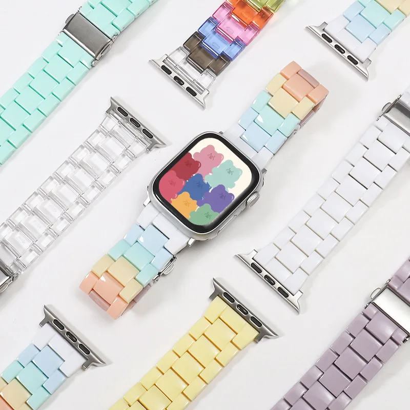 

Applicable to smart watch strap Apple 1-8th generation candy color resin acrylic transparent rainbow strap straight model
