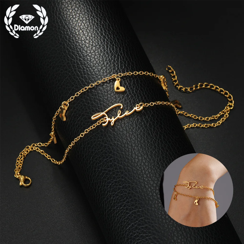 

Diamon Custom Name Personalized Double Chain Heart Bracelet Zircon Thin Link Chain Stainless Steel Jewelry Gift for Women
