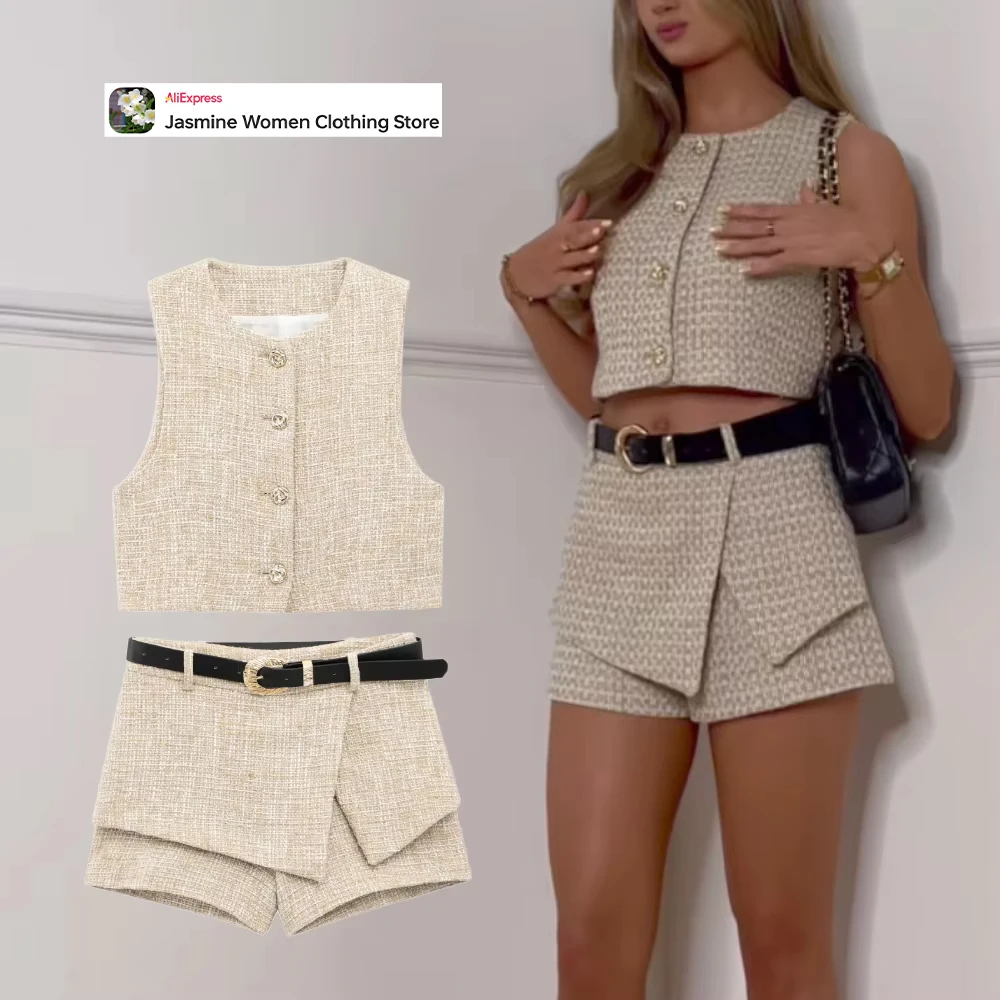 Elegant Women's Textured 2-Piece Short Set Fashion Sleeveless Vest with Embossed Gold-tone Buttons and Crossover Skort with Belt