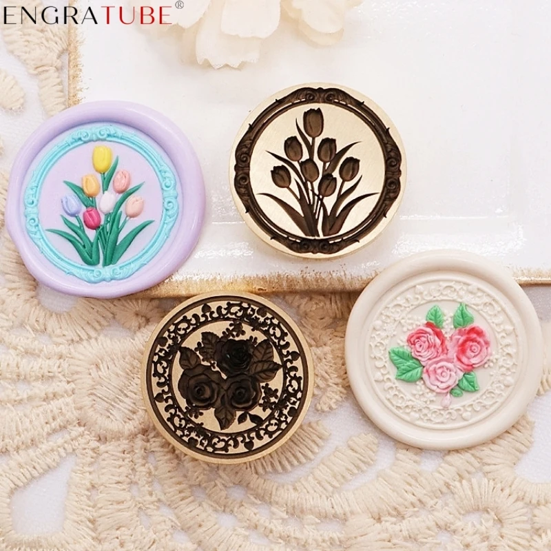 Laser Engraving 3D Relief Retro Wax Seal Stamp Tulip Rose Magnolia Copper Head Envelopes Wedding Invitations Scrapbooking Gift