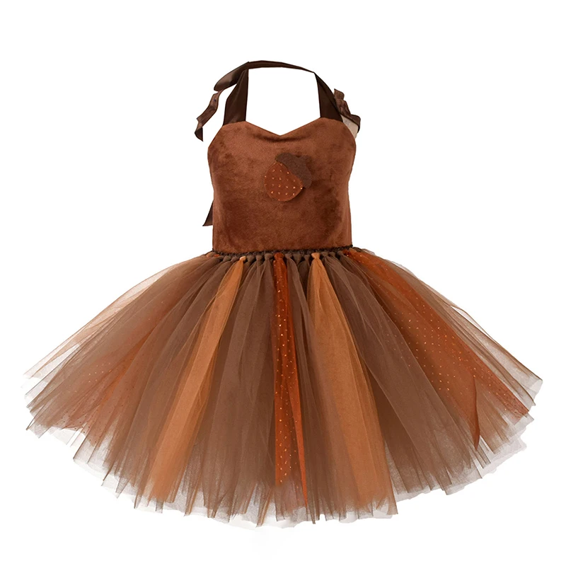 Costume da scoiattolo per bambina, senza maniche, in tulle, patchwork, fascia per capelli, coda, vestiti cosplay per Natale