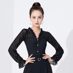 Mesh Patchwork Latin Dance Practice Suit Ballroom Belly Costume Long Sleeve Top Women Waltz Classical Line New Rhinestones Shirt
