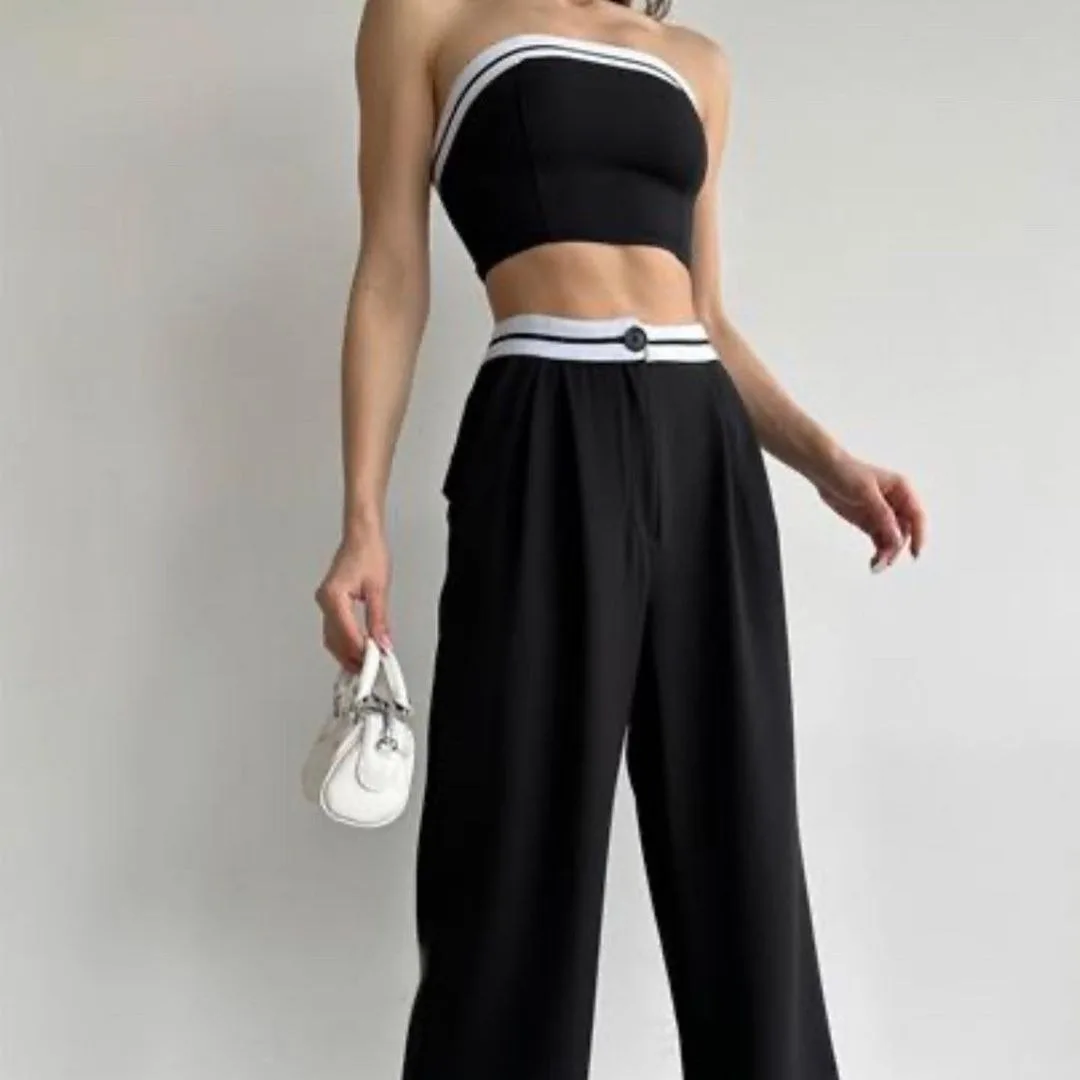 Women Contrasting Colors Pants Two Pieces Set Casual High Waist Pant+Tube Top Suit Y2k Street Fashion Sexy Slim Sports Outifits