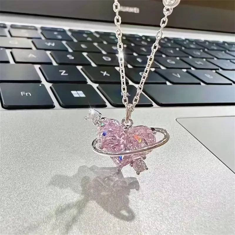 Elegant Pink Sweet Crystal Heart Pendant Necklace for Women Girl Y2K Zircon Bow Knot Romantic Choker Aesthetic Jewelry Gift