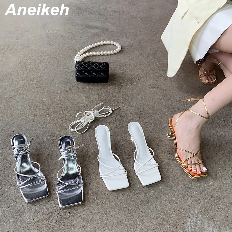 Aneikeh 2023 Fashion Patent Leather Sandals Thin Low Heel Cross-tied Lace Up Rome Summer Gladiator Women Narrow Band Party Shoes