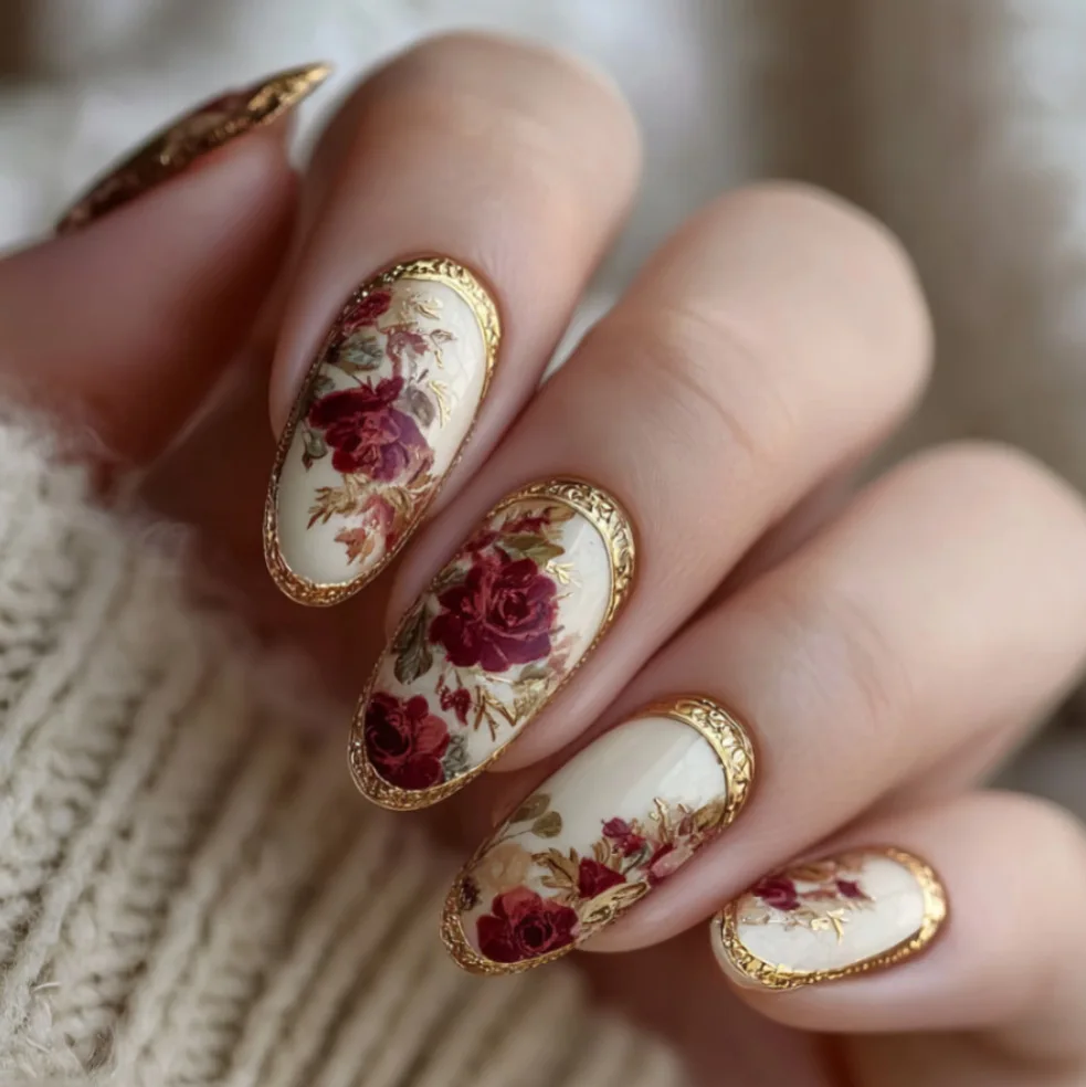 

24PCS Luxury Almond False Nails Golden Roses Classical Oil Painting Style French Fake Nails for Women Acrylic Wearable Manicure