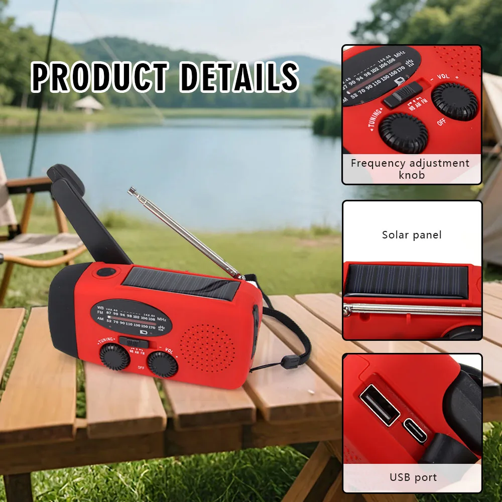 FM AM WB NOAA Multifunctional Solar Hand Crank Radio Weather Radio 2000mAh USB Charging Emergency LED Flashlight Power Ban