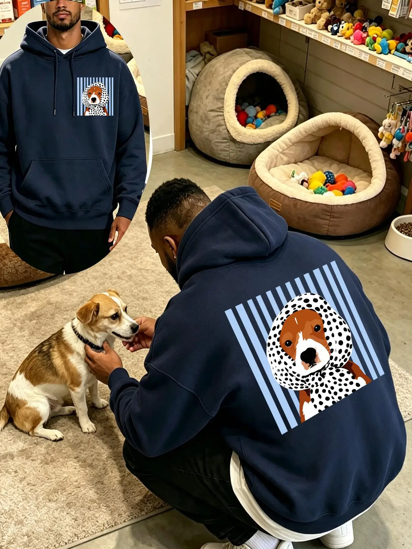 Blue Striped Headscarf Dog Print Men'S Hoodie Autumn Casual Hoody All-Match Fleece Hoodies Loose Comfortable Unisex Streetwear