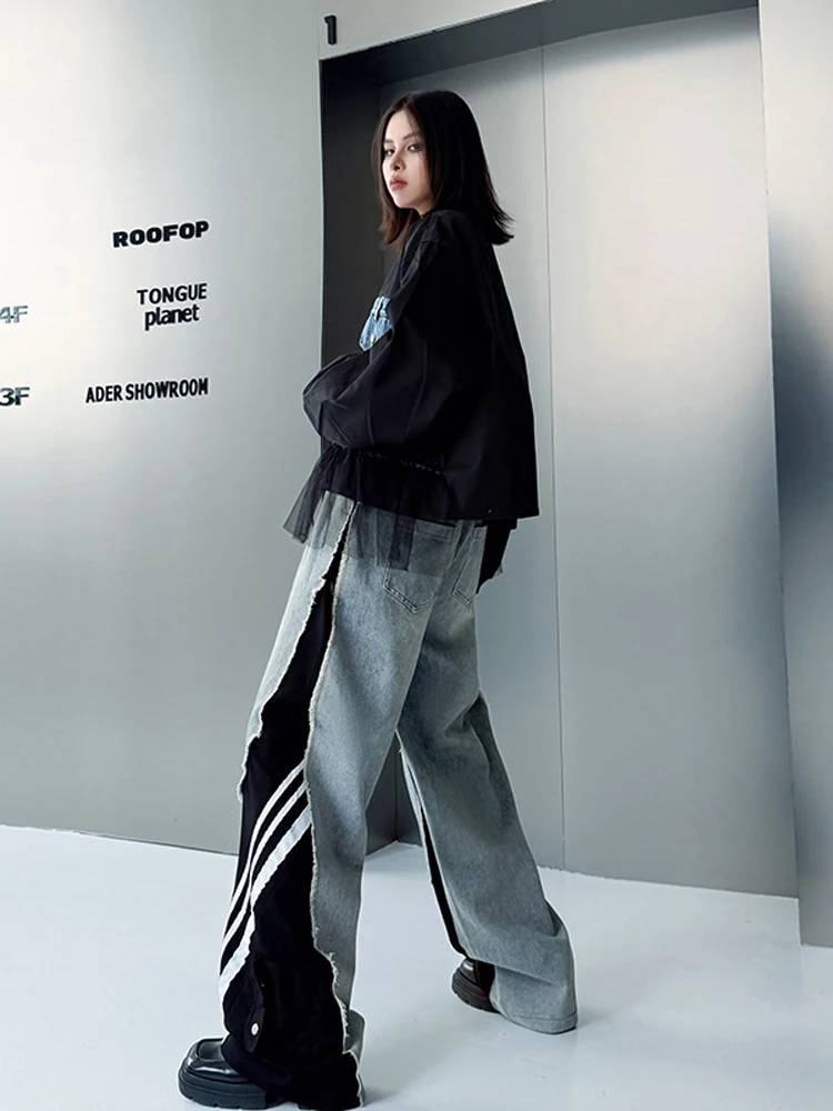 Nyfs americano vintage plus size feminino retalhos jeans solto ajuste cintura elástica perna larga calças jeans estilo outono