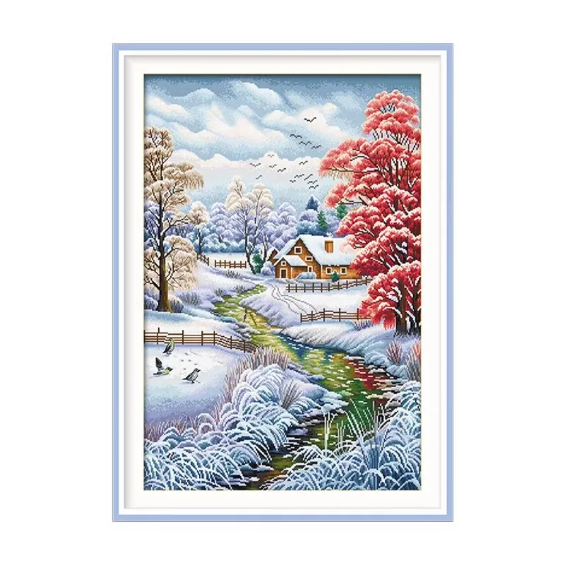 11CT 16CT Winter Snow Cartoon Pre-Printed Cross Stitch DIY Embroidery Set Handicraft Floss Needle Crafts 82Colors