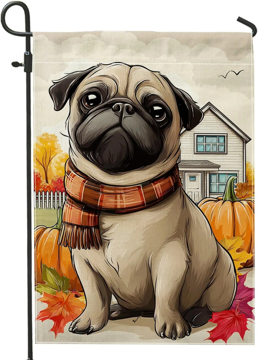 Autumn Pug Garden Flag Cute Dog with Orange Pumpkin Fall Decor Double Sided Burlap Outdoor Banner Seasonal Home Decoration f yyi