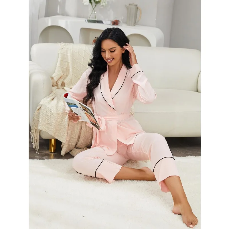 

2 Pcs Set Women's Autumn Winter Robe & Pants Pajama Set - Long Sleeve Solid Color Soft Comfortable Loungewear Sleepwear
