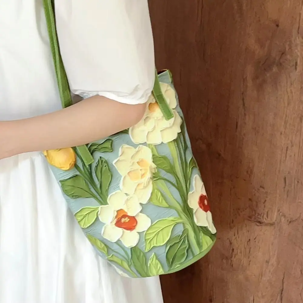 

Canvas Material Floral Pattern Bucket Bag Versatile Style Floral Design Creative Canvas Handbag Trendy Crossbody