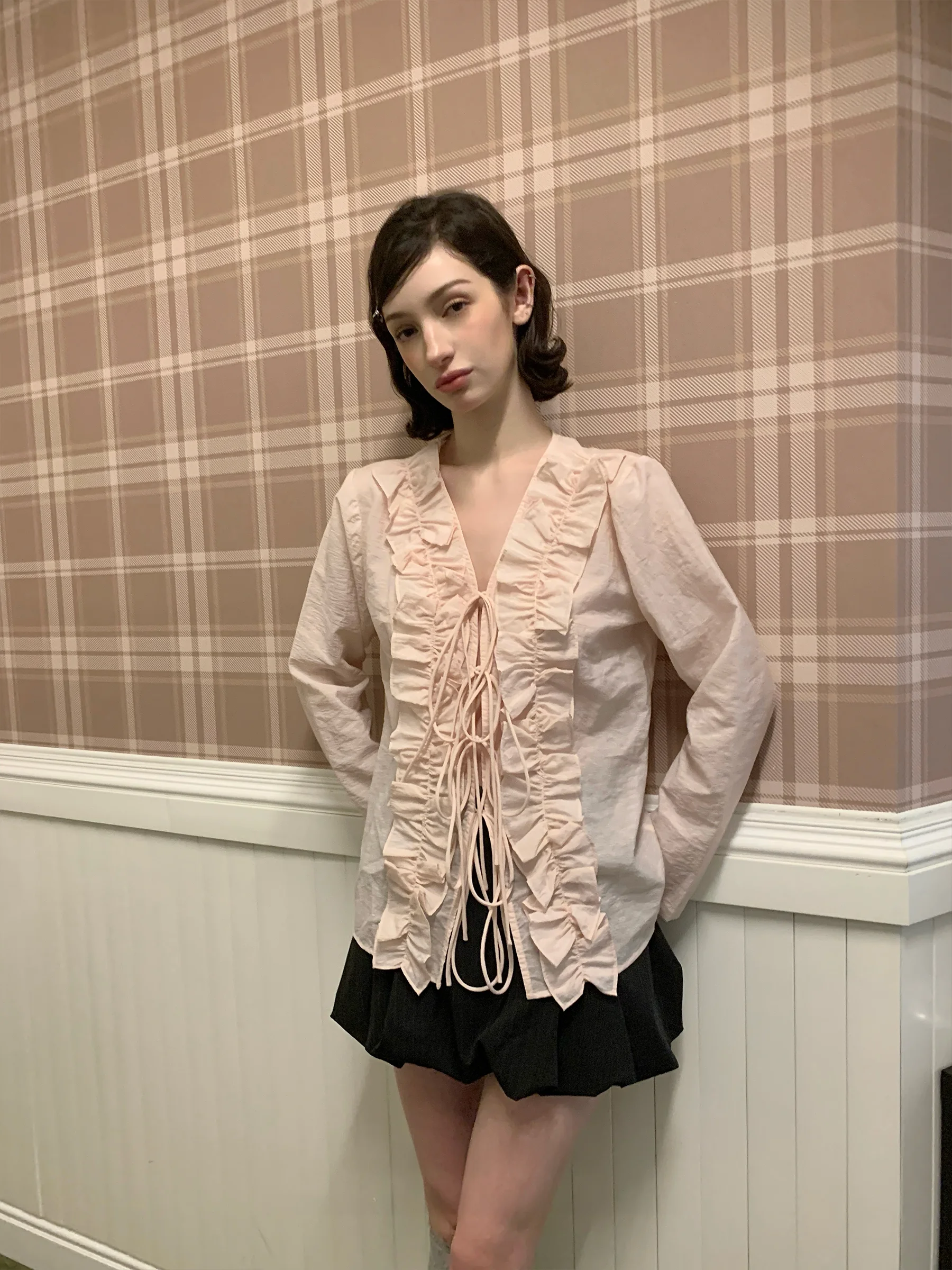 

JDE Girl's Pink Long Sve V-Ne irt with Lace Trim And Belt Loose Straight Cut Spring Faion Ladies' Premium Blouse