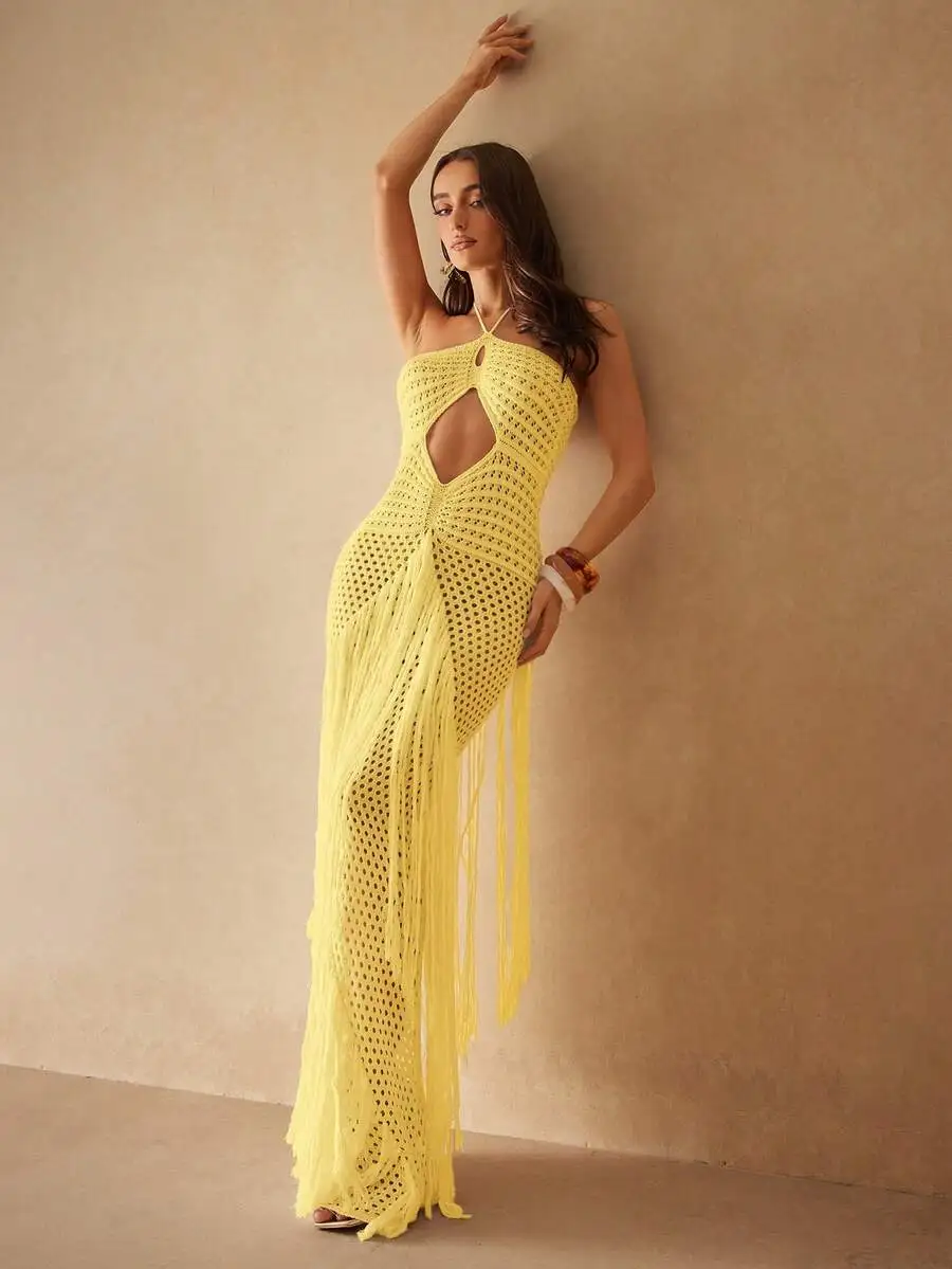 Yellow Crochet Openwork Dress With Fringe Hem For Beach Vacation