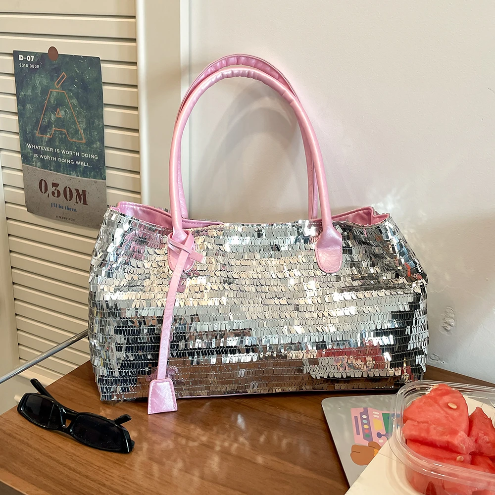 

Women Trendy Shiny Metal Sequins Tote Bag European American Style Woven Glitter Shoulder Bags Female Large Capacity Underarm Bag