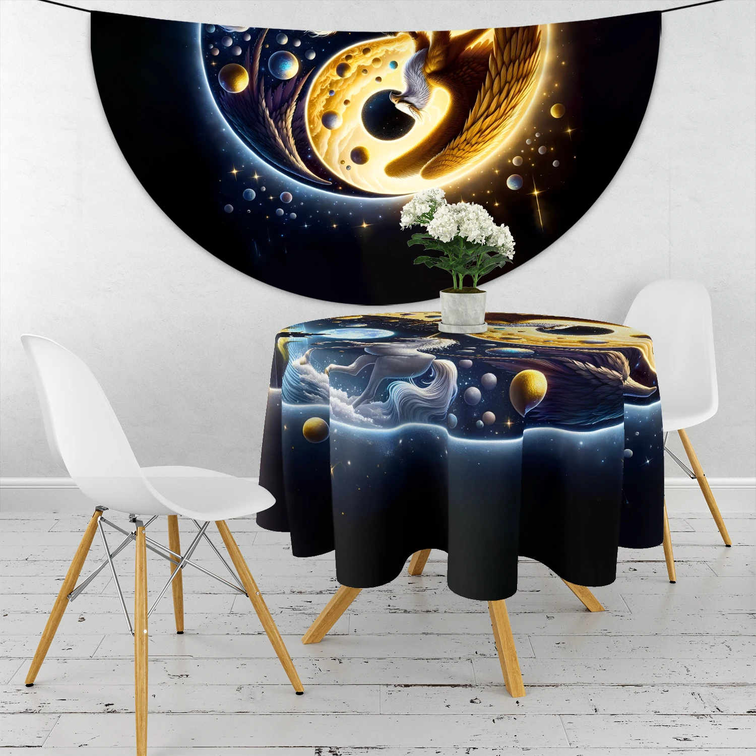 1pc Tai Chi Yin Yang Sun Moon Circular Table Cloth with Eagle Unicorn Pattern Waterproof Colored Table Set Classic Dragon Picnic