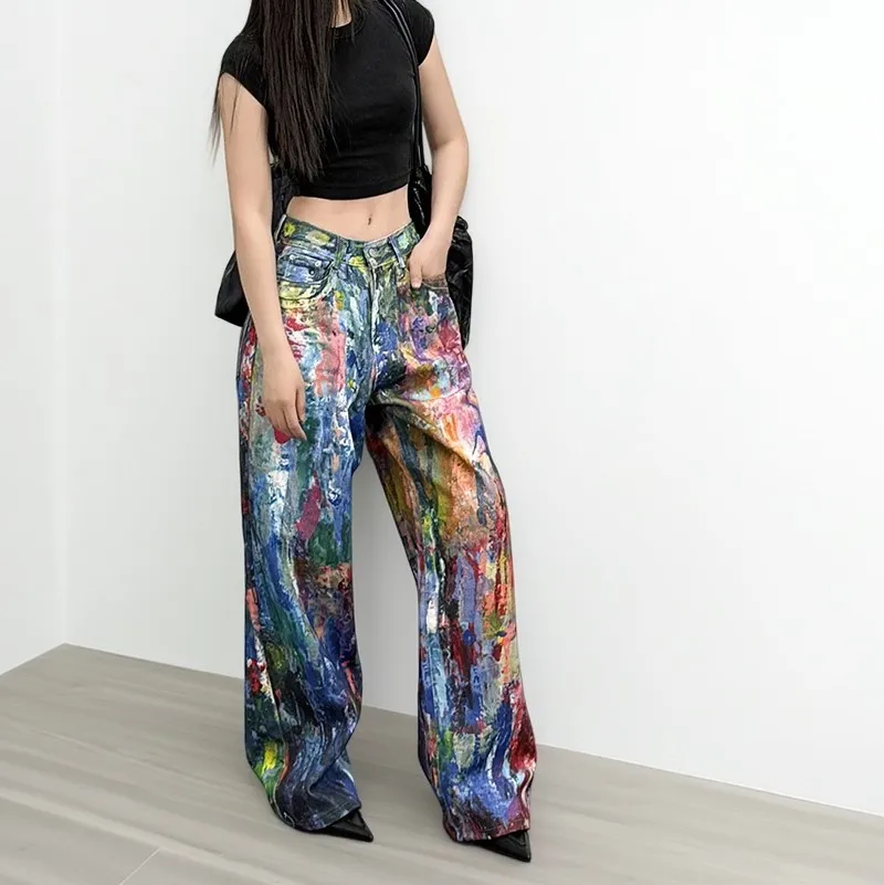Oil Painting Matching Ink Splashing Large Size Jeans Women Niche Design Sense Hip Hop Loose Straight Wide Legs Mopping Trousers