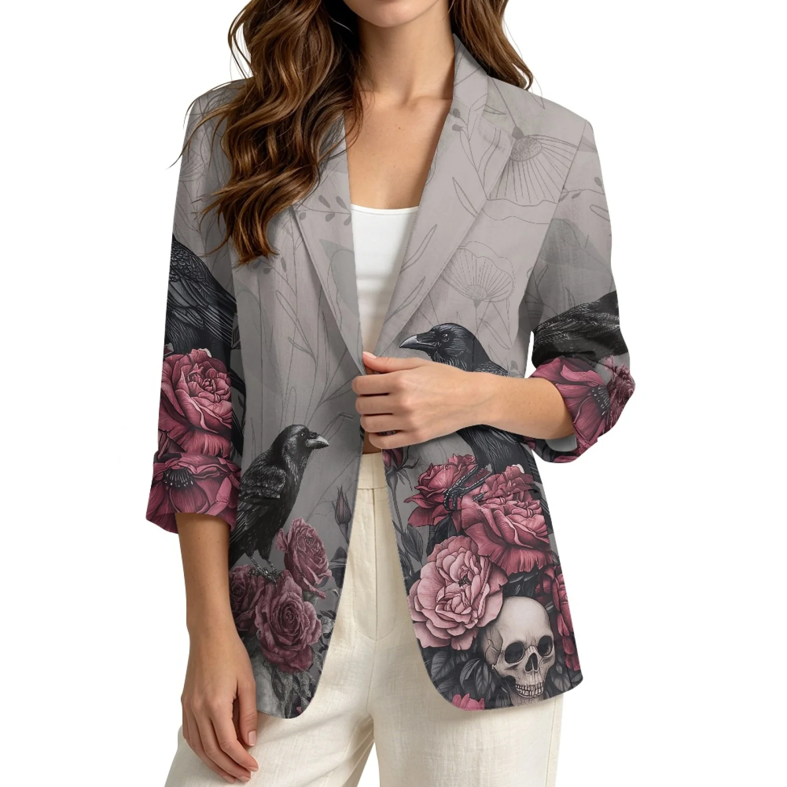 PENSTROLL Raven Rose Pattern Linen Like Open Front Tops Light Cover Up for Women Lightweight Cardigan Jackets
