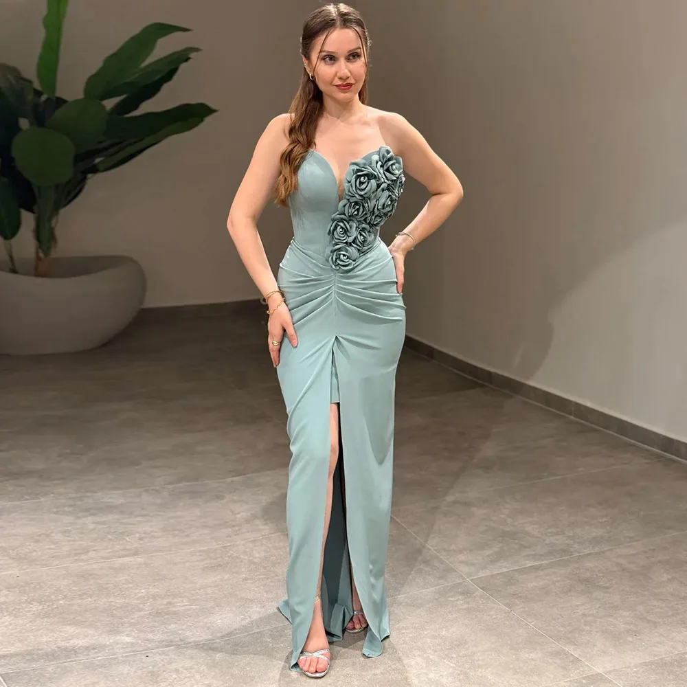 

Modern Sweetheart Front Slit Evening Dresses for Women Customized 3D Flowers Pleats Sleeveless Party Gowns Straight Prom Dresses