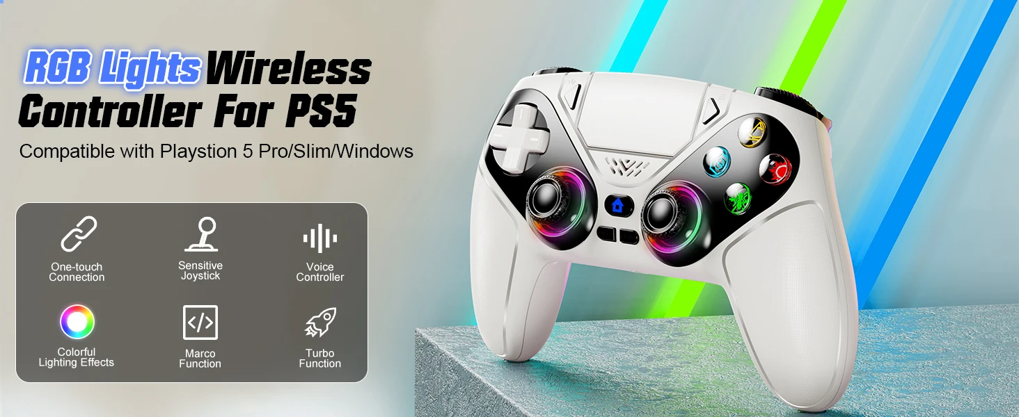 GAMROMBO RGB-Beleuchtung, kabelloser Controller für PlayStation 5 PS5/Pro/Slim/PC-Konsole, Gamepad mit Hall-Effekt-Trigger, Turbo- und Vibrationsfunktion. – Detail 1