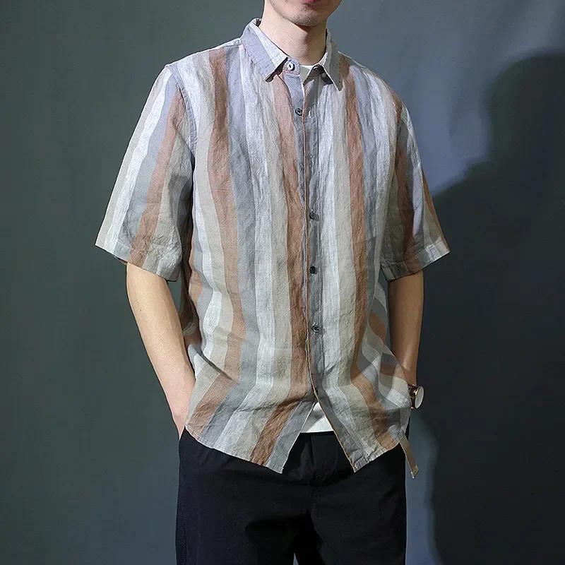 

Льняная мужская рубашка с рукавом три четверти, в полоску, окрашенная в массе, летняя, свободного кроя, повседневная, с цветными вставками, с коротким рукавом