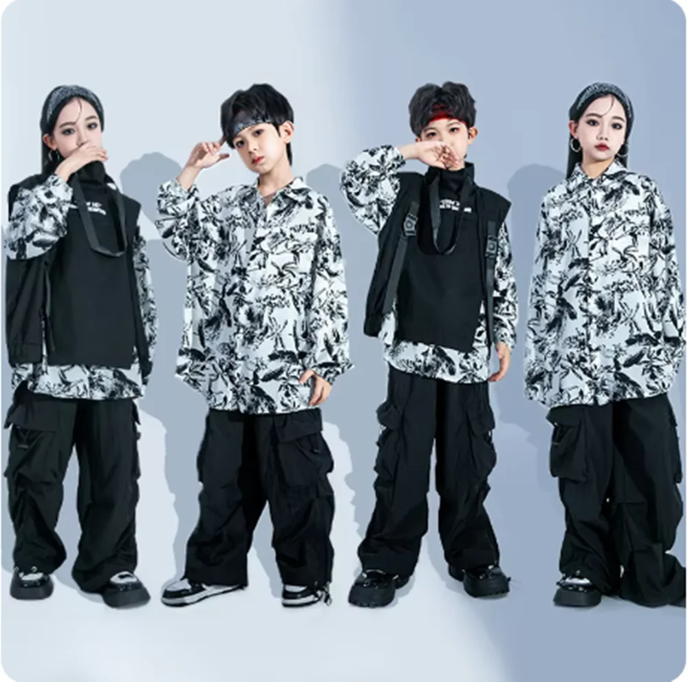 Children Hip Hop Dance Costume Boys Street Dance Clothes Girls Kpop Jazz Clothing Kids Drum Performance Stage Outfit Black