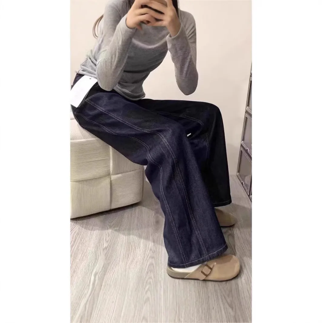 Deep Blue American Style Retro Slim Straight Jeans Women's High Waist Loose Slimming Wide Leg Pants Casual High Waist Loose Fit