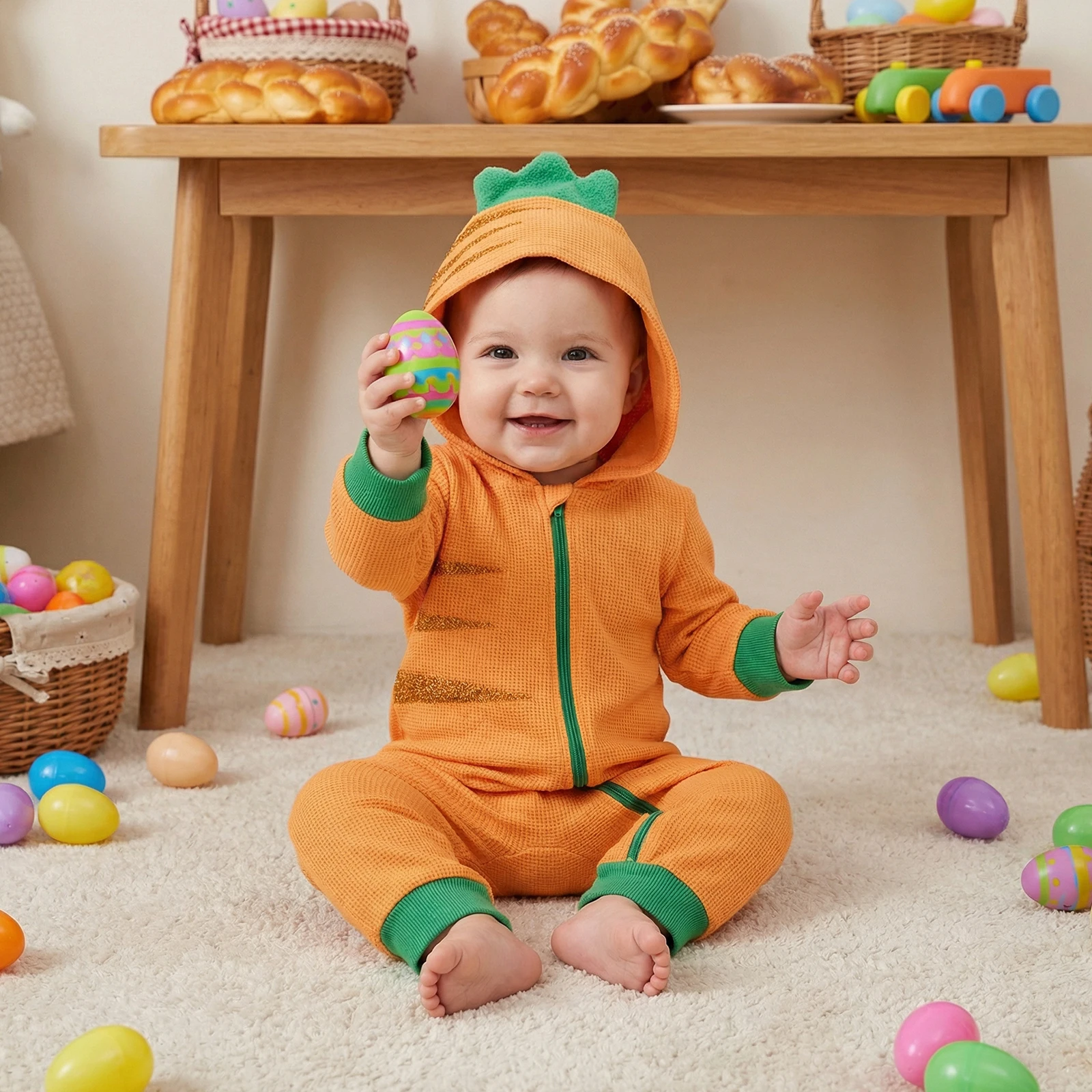 

Детские комбинезоны с капюшоном для мальчиков и девочек, контрастного цвета, с вышивкой в виде моркови, с длинными рукавами, вафельной вязки, для косплея и фотосессий.