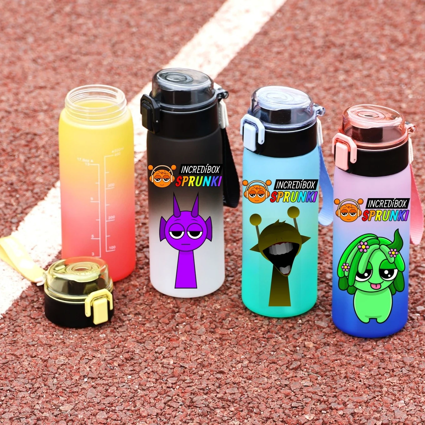

500ML SPRUNKI Sports Water Bottle with Water Level Line Leak Proof Gradient Color Plastic Drinking Cup for Travel Fitness Sports
