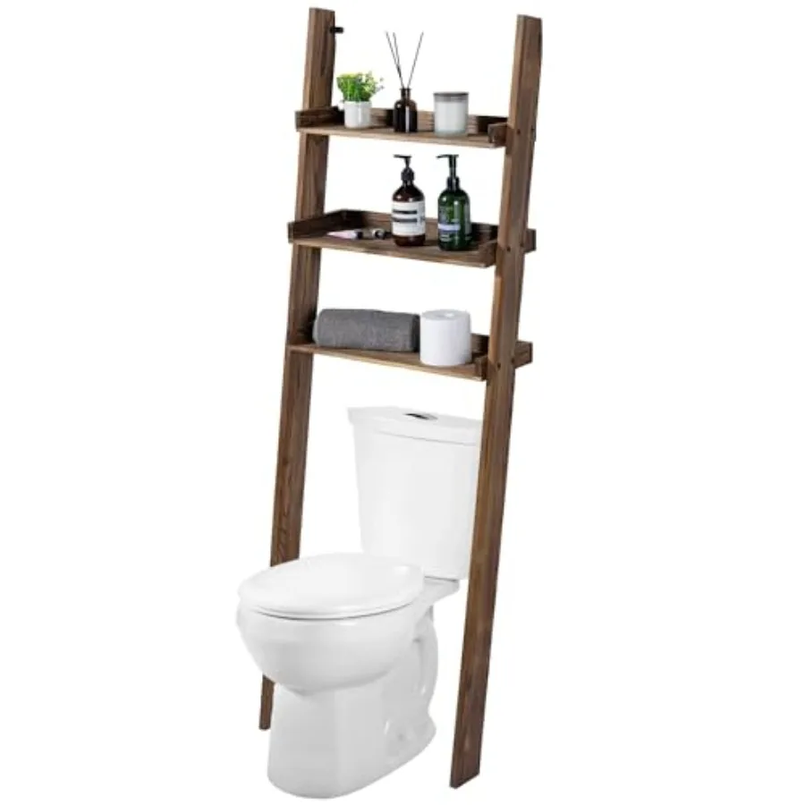 

Bathroom organizer: rustic burnt solid wood 3-tier leaning ladder shelf 5.5 ft tall natural wood color space-saving over-toilet