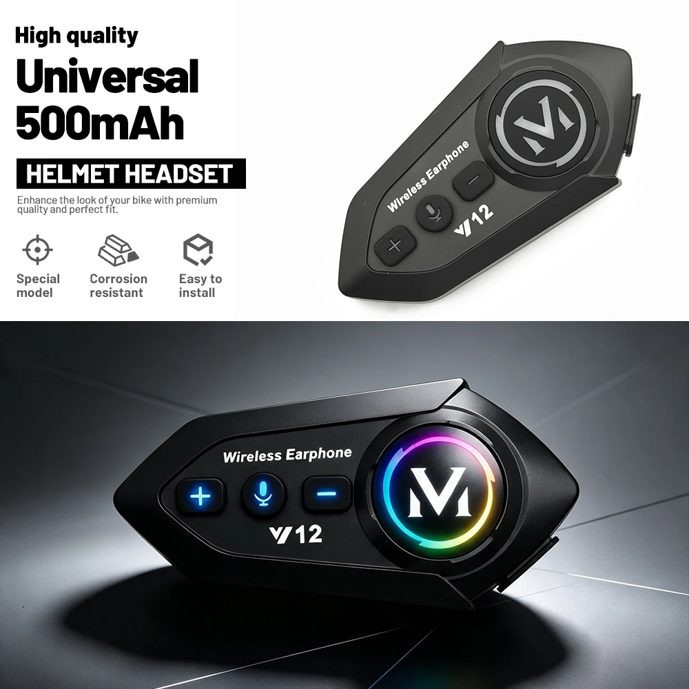Y12 Pro Dual‑Mic Motorcycle Helmet Bluetooth Headset,1000mAh,Stereo,Hands‑Free Call,FM Radio,Universal Waterproof