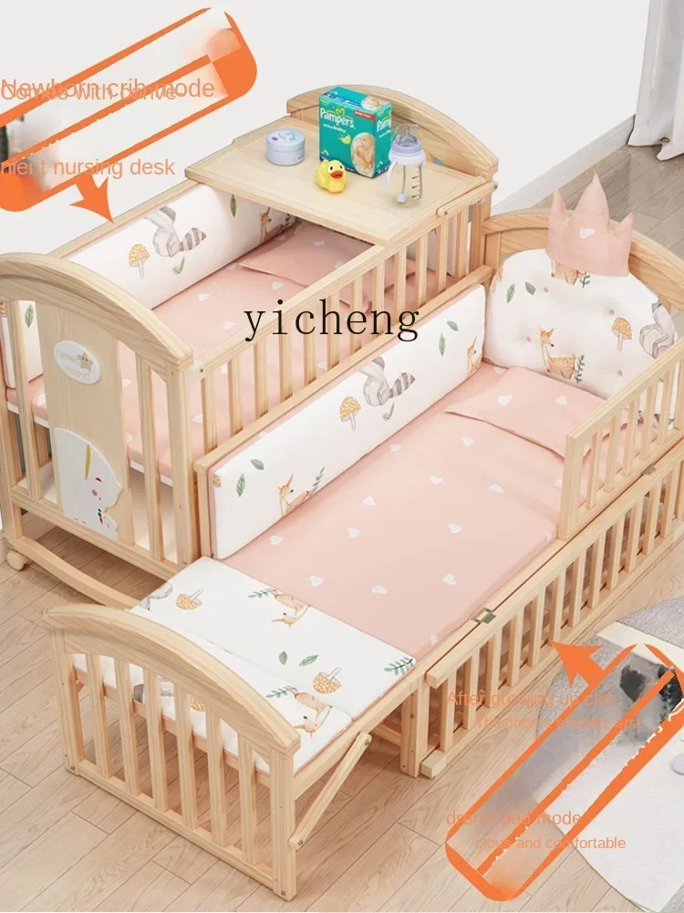Newborn Baby Crib Multi-Function Bed Solid Wood Unpainted Bassinet Removable Diaper-Changing Table