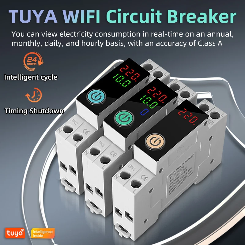 

Умный автоматический выключатель Tuya Wi-Fi, защита от перегрузки по току и пониженного напряжения, измерение мощности 1-63A, беспроводной переключатель дистанционного управления