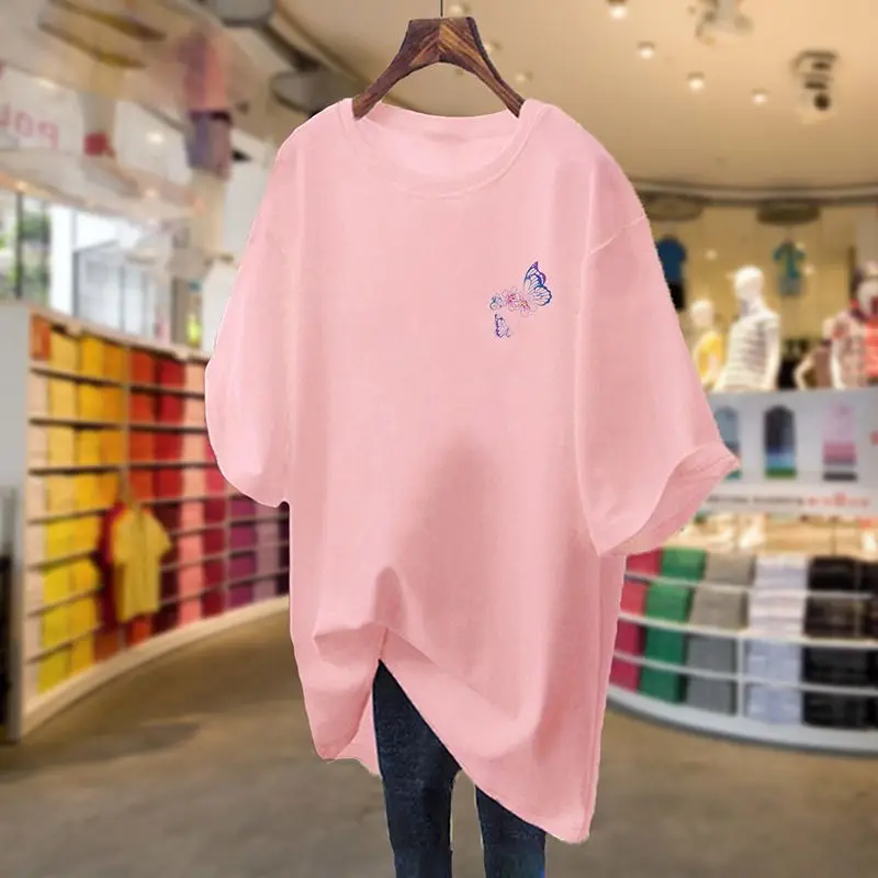 

Women Butterflies Little Printed Tops Lady Loose T-shirt Summer Crew Neck Pure Cotton Short Sleeve Basics Pullover Tees