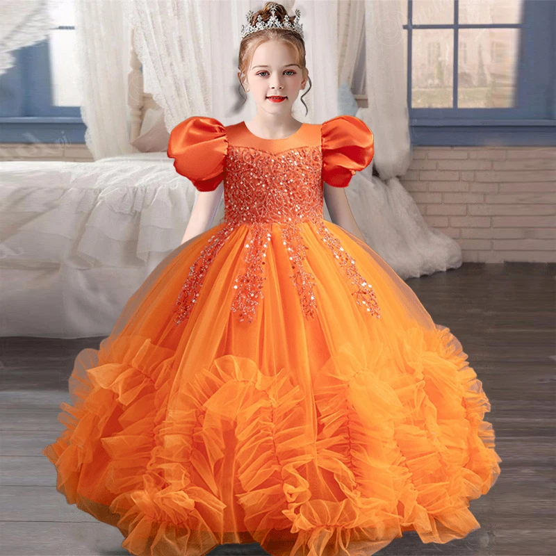 3-10 Year Old Girl Flower Girl Wedding Elegant Evening Dress Birthday Party Mesh Fluffy Sleeves Bow Girl Princess Dress