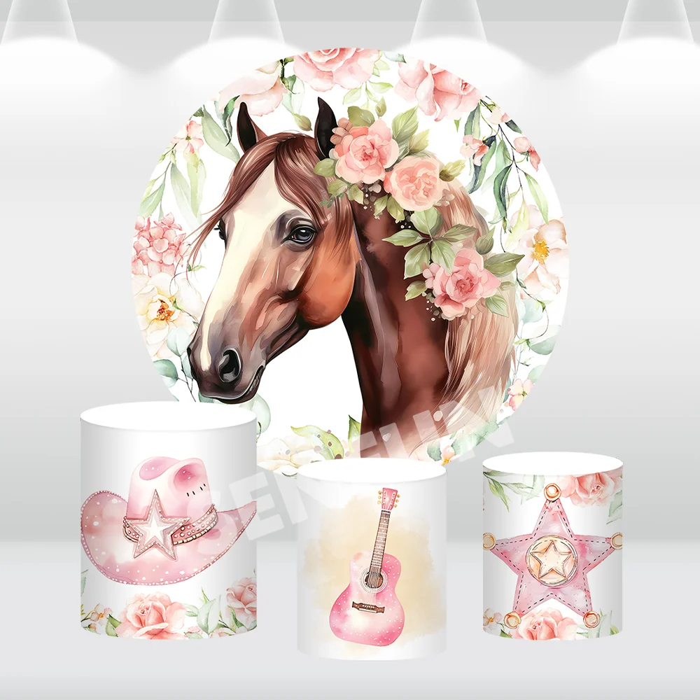 راعية البقر غطاء خلفية مستديرة للأطفال حفلة عيد ميلاد الديكور الوردي القوس الحصان استحمام الطفل راية دائرة خلفية غطاء اسطوانة
