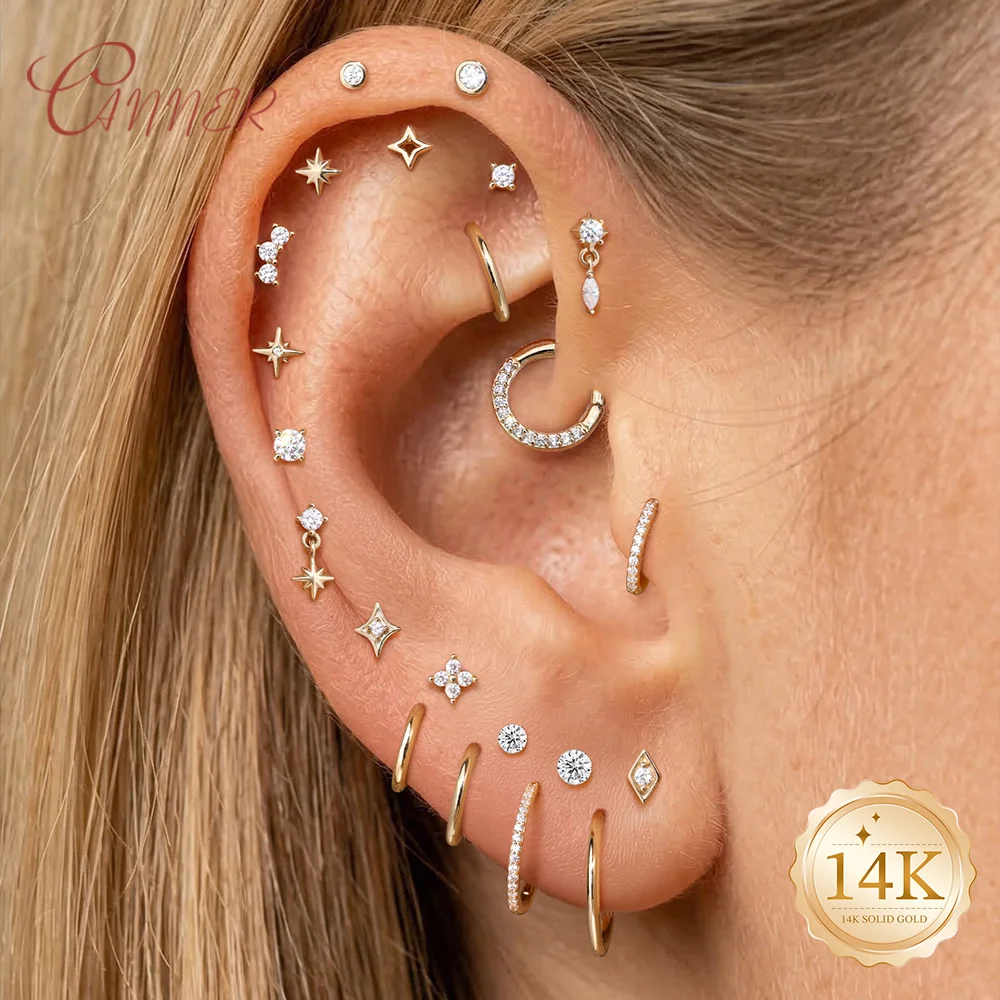 

CANNER 14K Solid Gold Flower Star/WaterDrop Pendant Piercing Earrings For Women Dainty Luxury Ear Bone Earring Anniversary Gifts