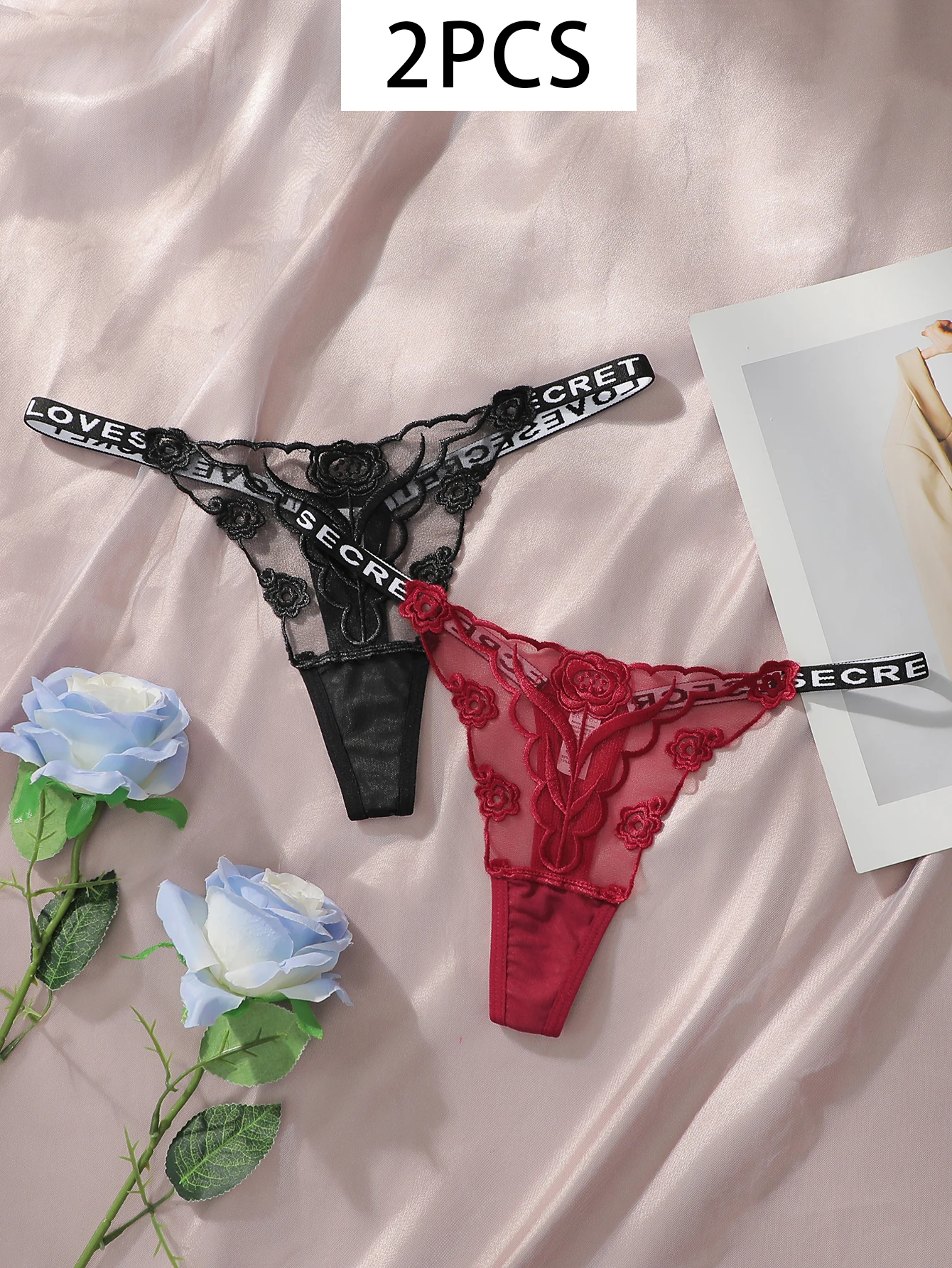 2 stücke Damen Neue Spitze Sexy Schwarz Und Weiß Gestickte Blume Drucken Sexy Set Tanga Unterwäsche C2648 – Detail 13