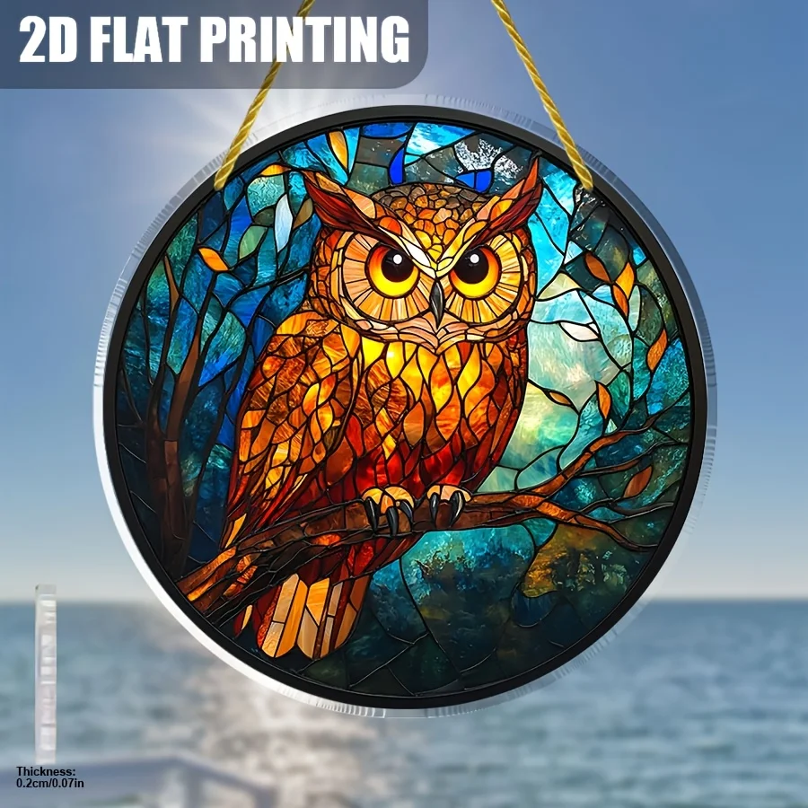 [2D flach] 1 Stück rundes Acrylschild mit Eule und Herbstwald, 20 cm (7,9 Zoll) |   Farbiger Sonnenfänger, Fensterdekoration, Wandbehang, Boho S