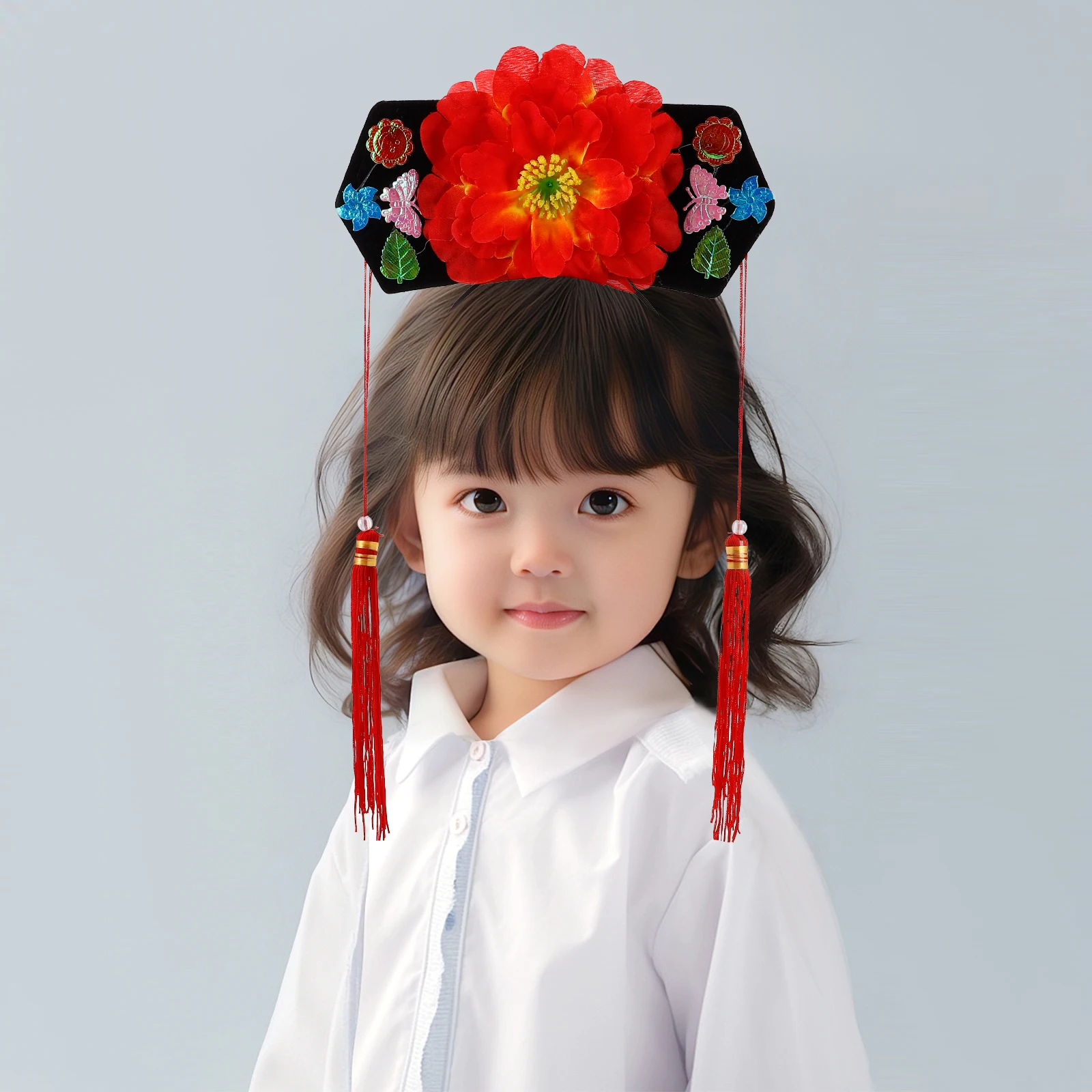 

Children Flag Head Hat Princess Hairband Qing Hoop Chinese Headwear Costume Accessory Stage Decorative Headdress Party Hanfu