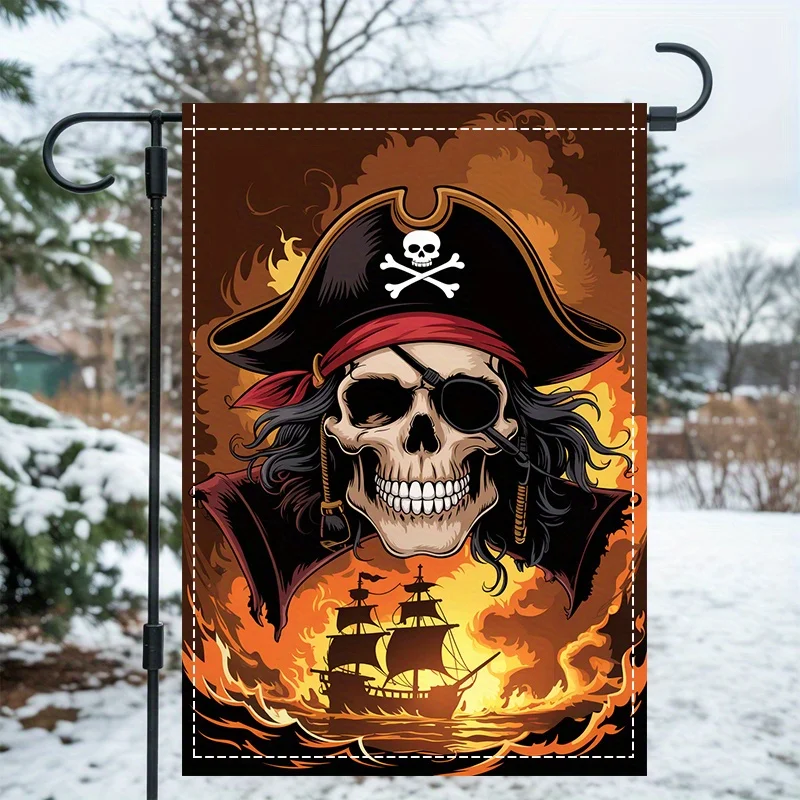 2D Flat, 2D Flat 1pc, Pirate Skull and Burning Ship, Double-sided, Washable, Multi-functional Festive Yard Decoration Flag, No Electricity Required, Suitable for Lawns, Porches or Gardens (Excluding Poles), 2D Flat